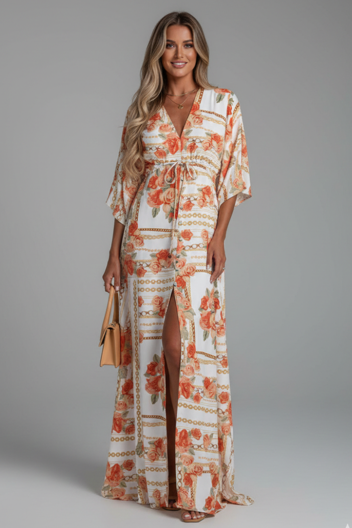 Wrenna Maxi Dress with V Neckline and Tie Waist