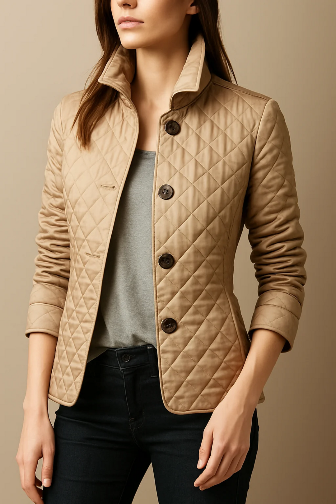 Woman wearing beige diamond quilted button jacket with stand collar