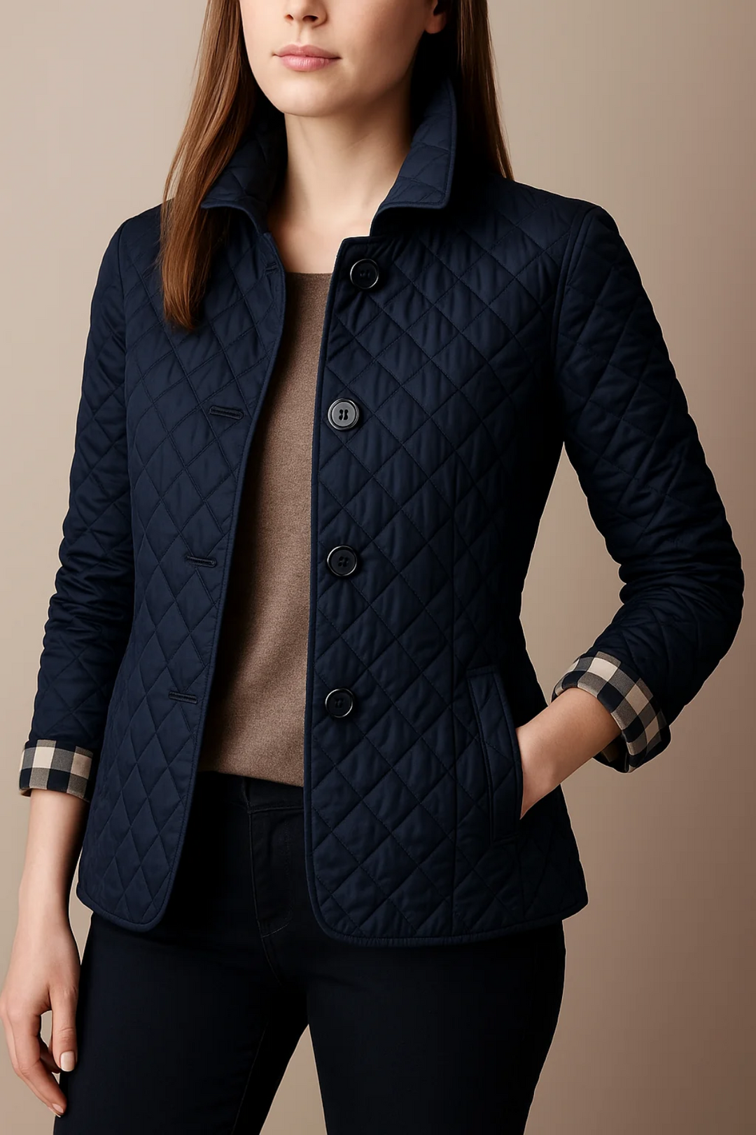 Woman wearing navy quilted jacket with plaid cuff lining
