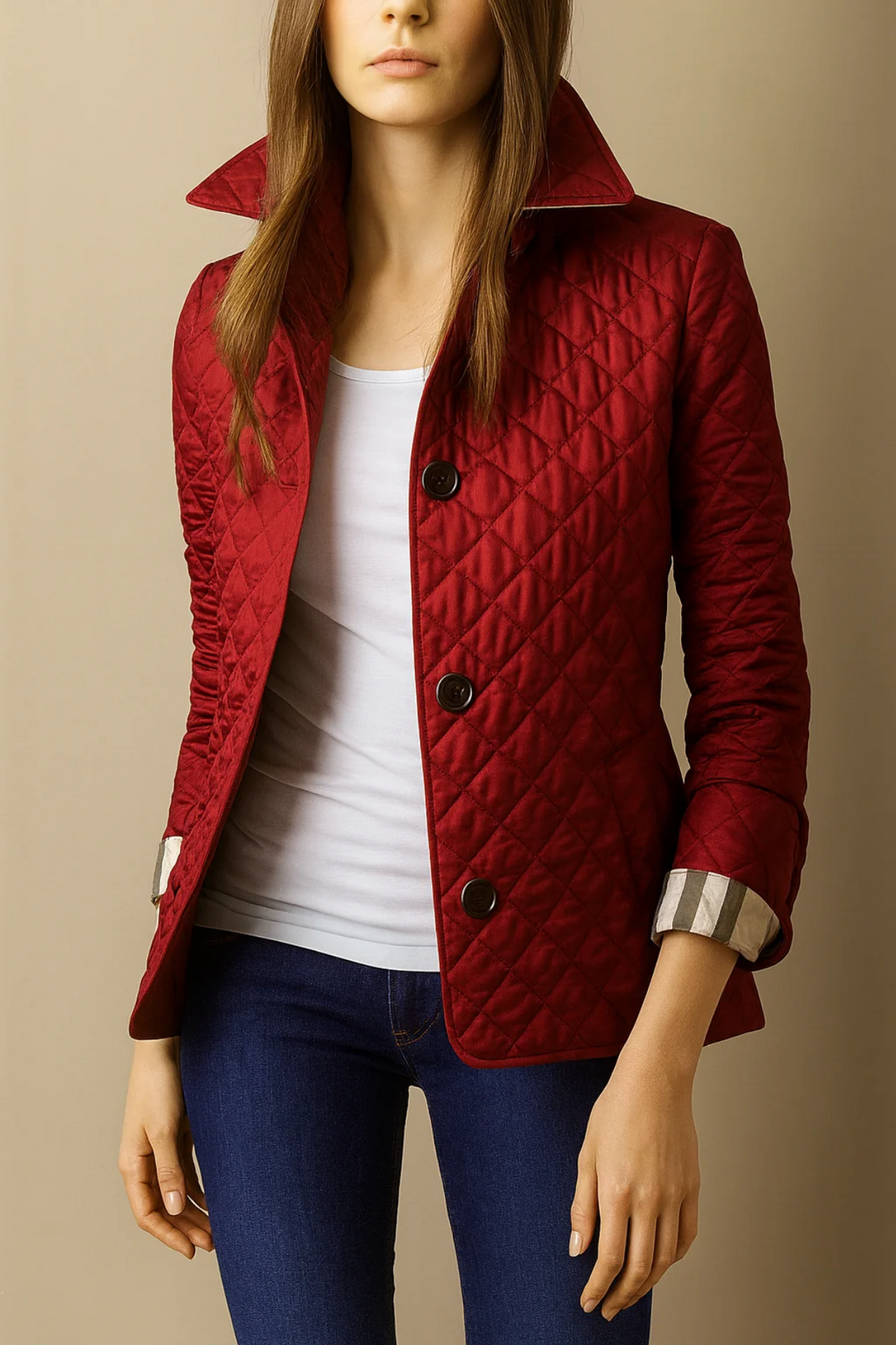 Woman wearing red diamond quilted jacket with plaid cuff lining
