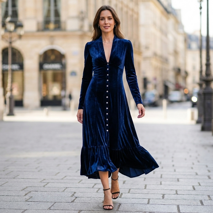 Vienne Button Front Velvet Dress