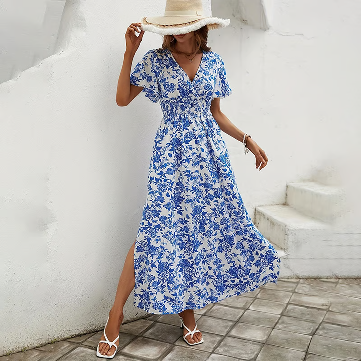 Arya Boho Printed V Neck Short Sleeve Maxi Dress