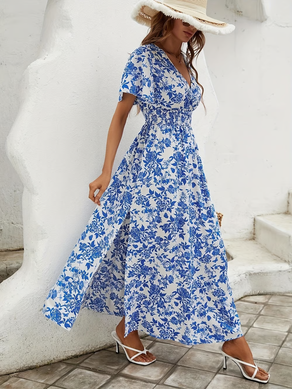 Arya Boho Printed V Neck Short Sleeve Maxi Dress