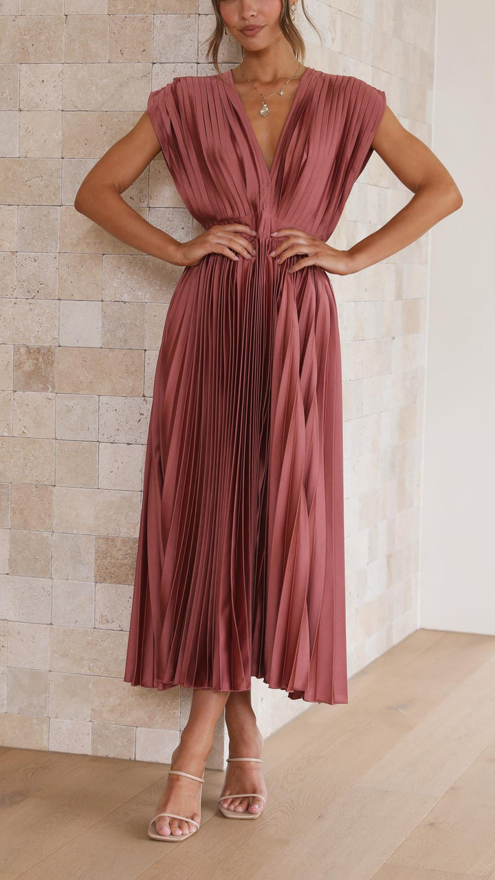 Eva Pleated V Neck Midi Wedding Guest Dress