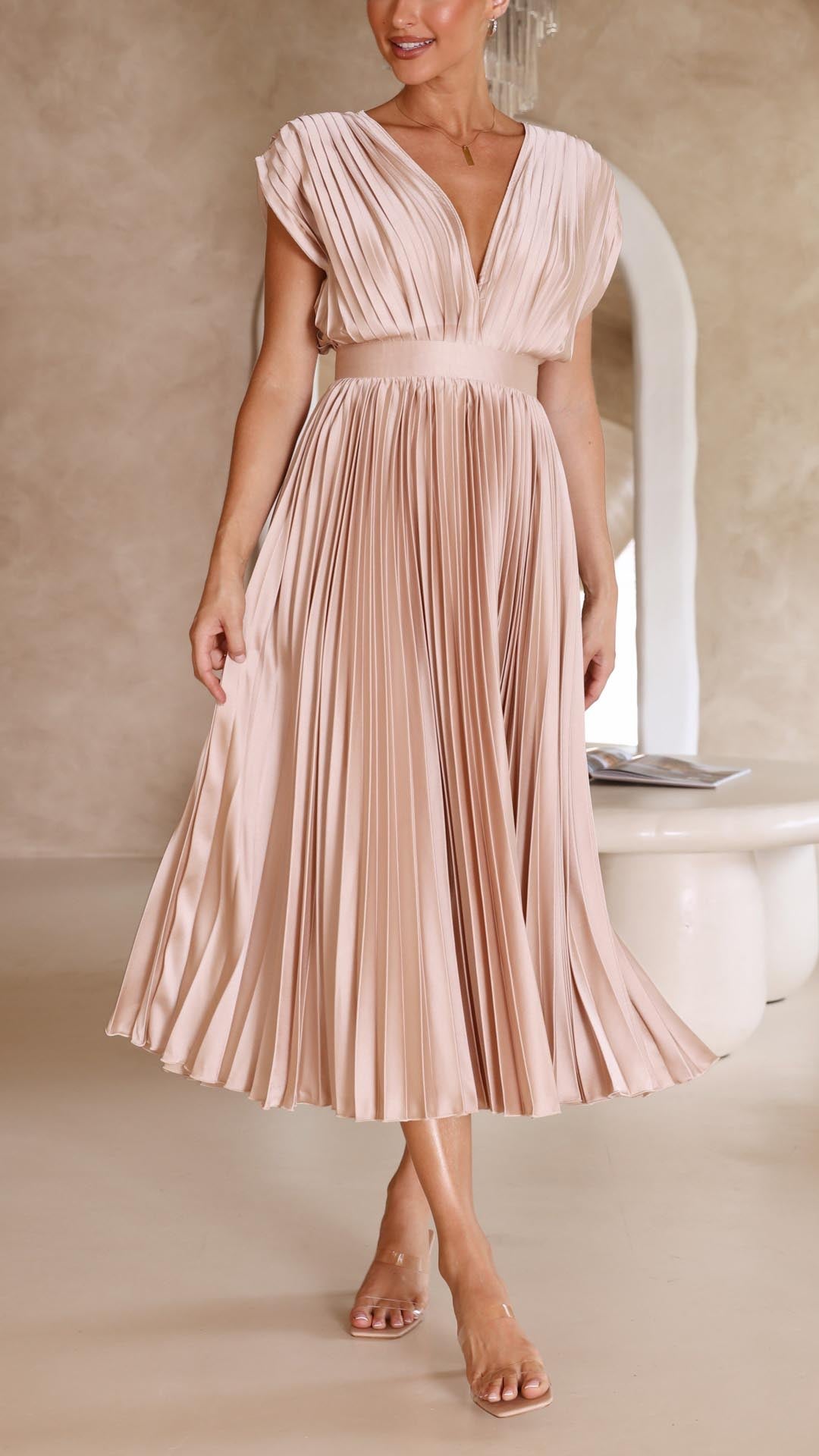 Eva Pleated V Neck Midi Wedding Guest Dress