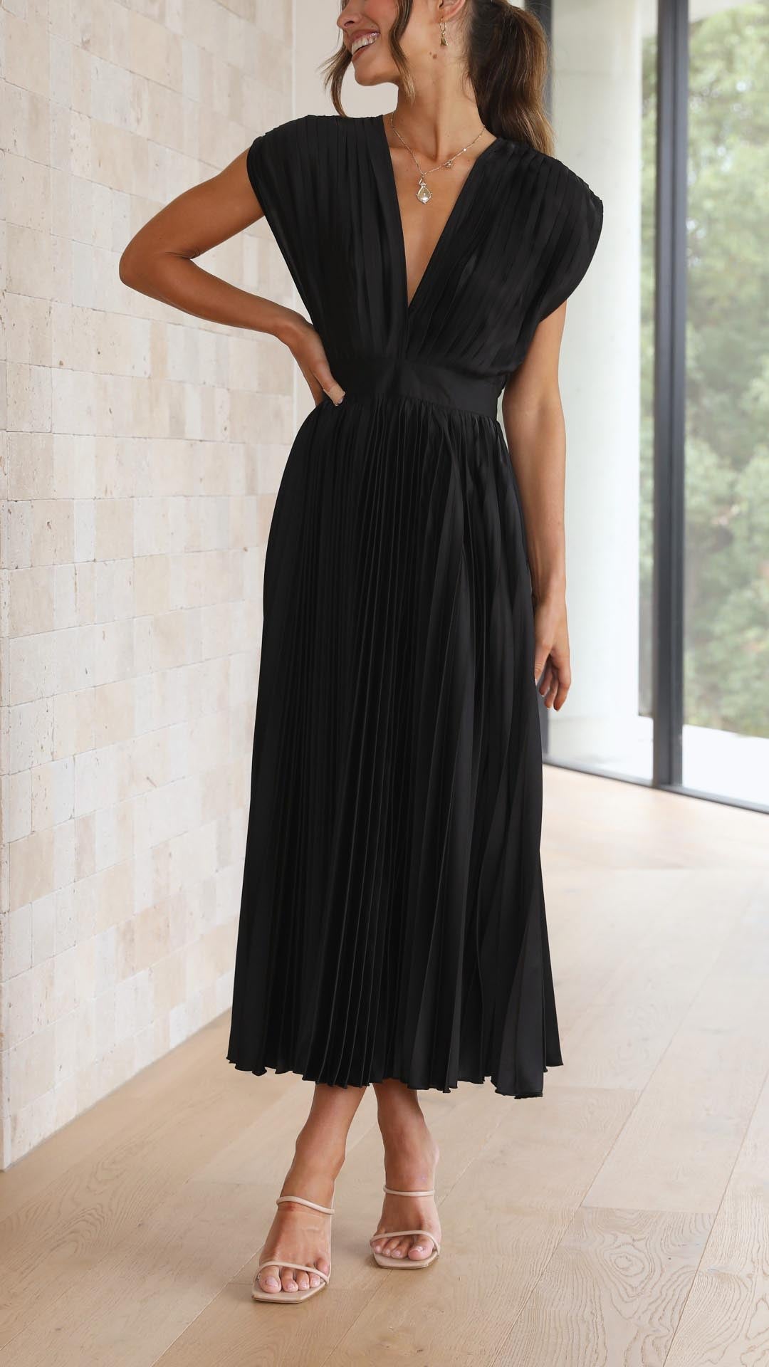 Eva Pleated V Neck Midi Wedding Guest Dress