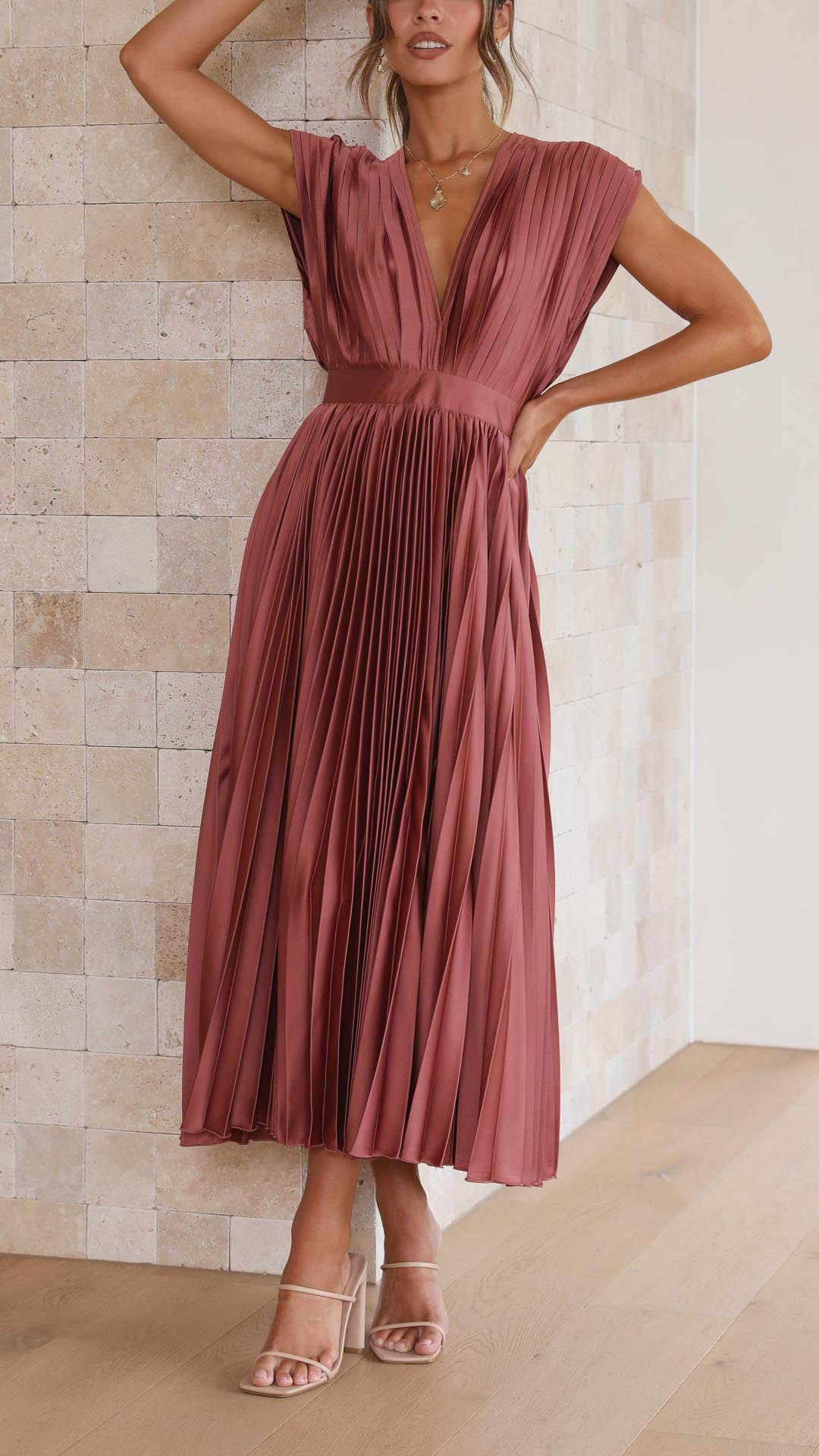 Eva Pleated V Neck Midi Wedding Guest Dress