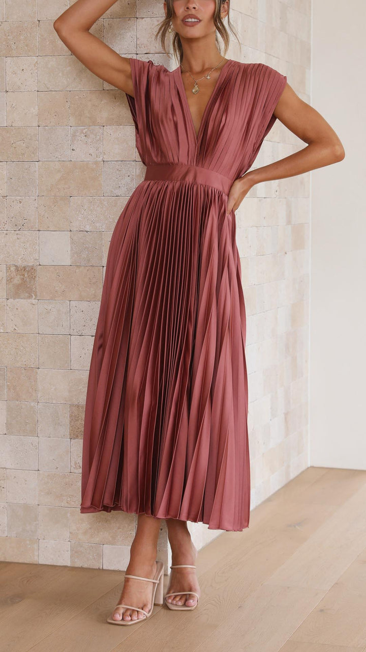 Eva Pleated V Neck Midi Wedding Guest Dress