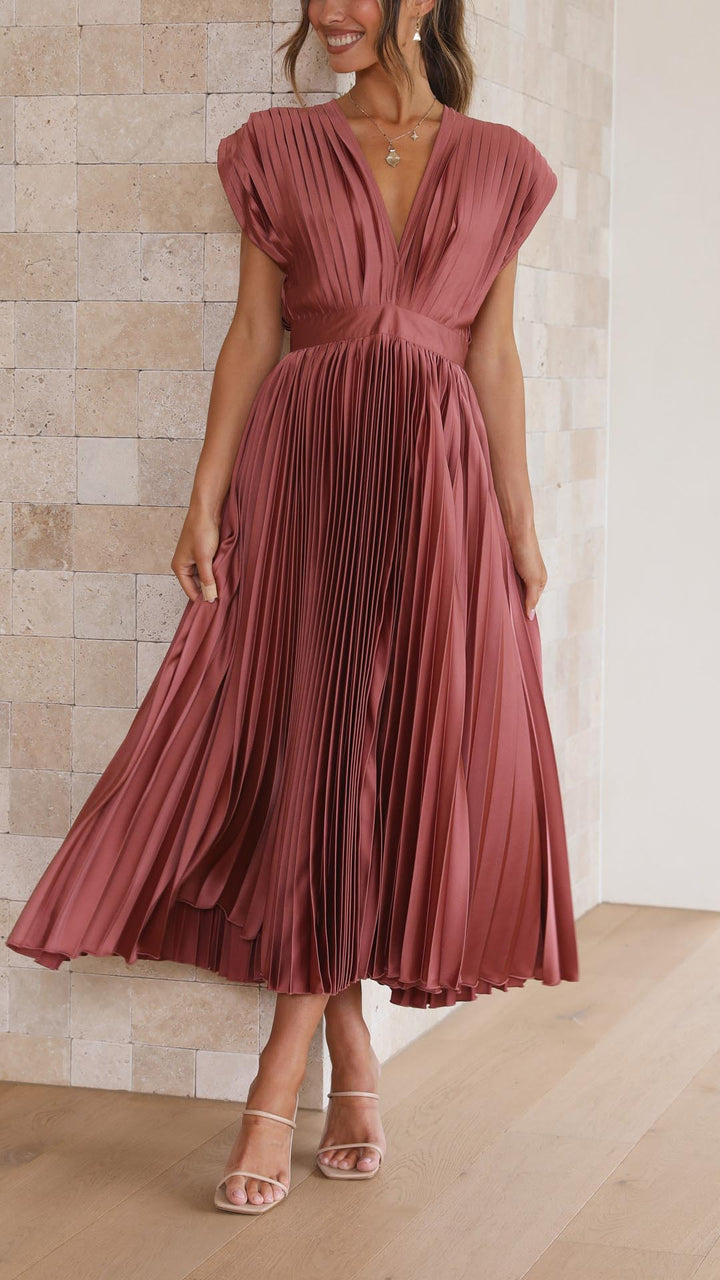Eva Pleated V Neck Midi Wedding Guest Dress