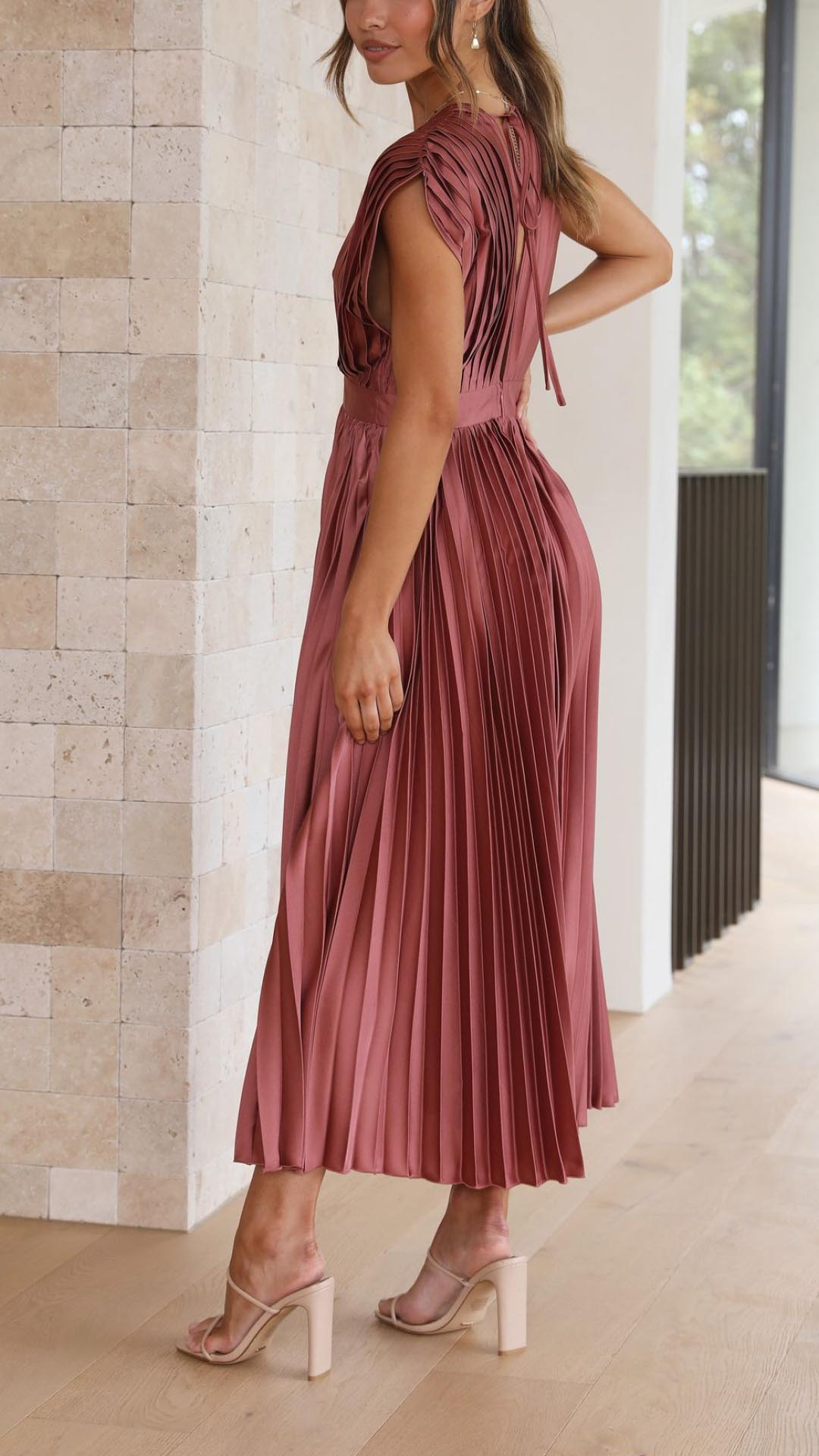 Eva Pleated V Neck Midi Wedding Guest Dress