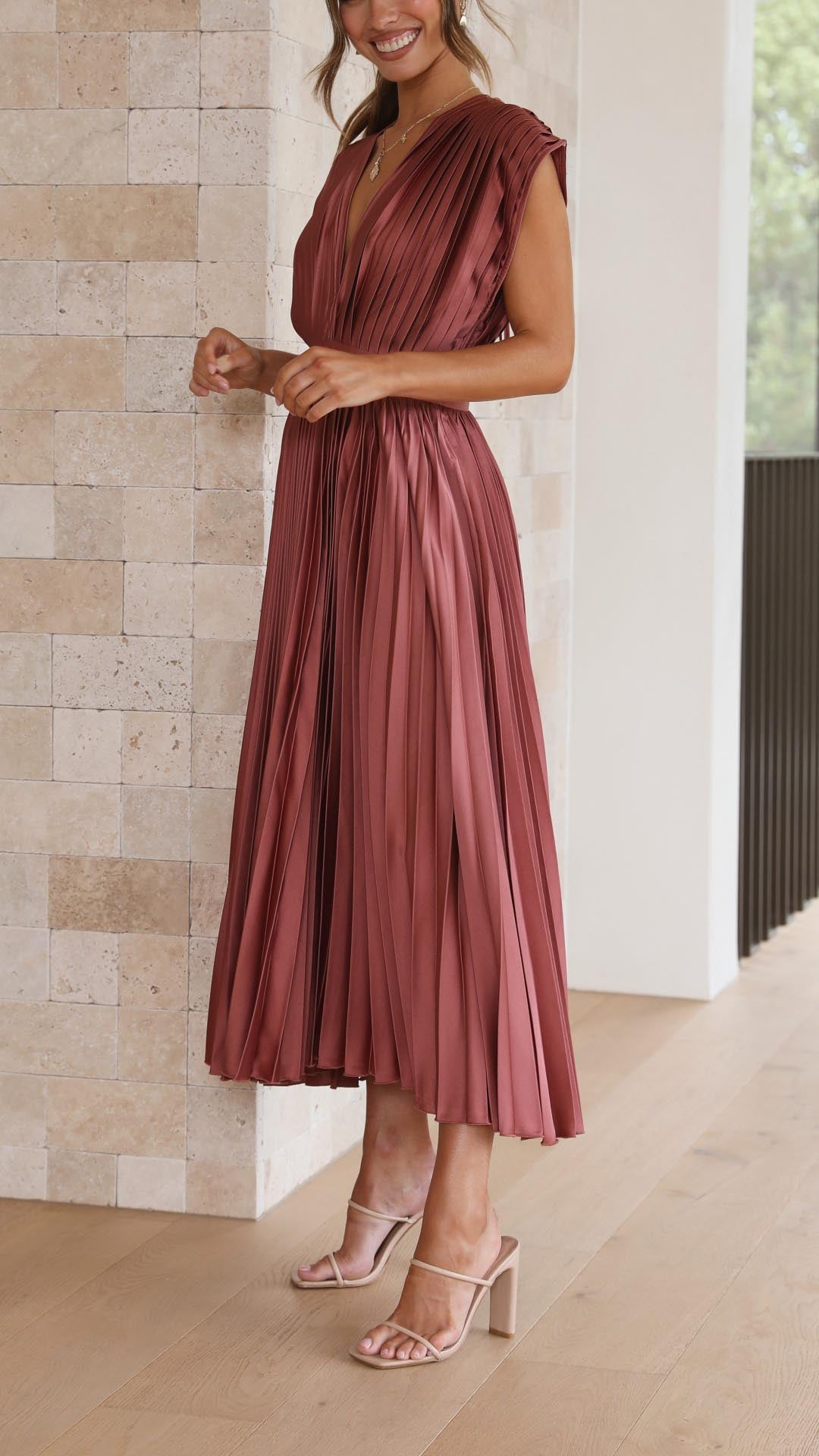 Eva Pleated V Neck Midi Wedding Guest Dress