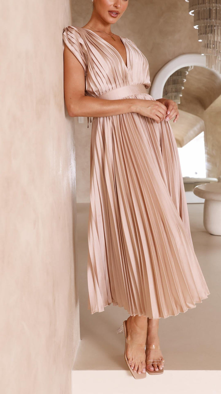 Eva Pleated V Neck Midi Wedding Guest Dress