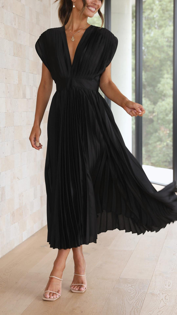 Eva Pleated V Neck Midi Wedding Guest Dress