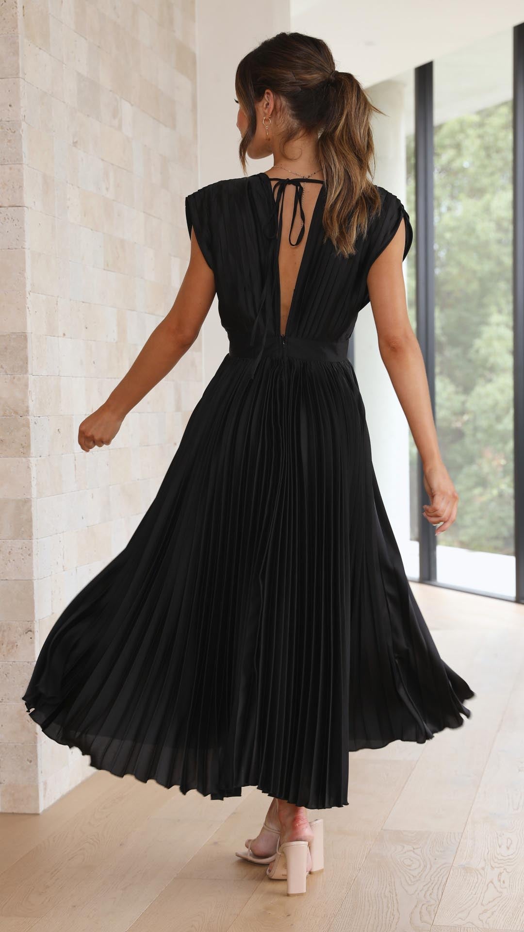 Eva Pleated V Neck Midi Wedding Guest Dress